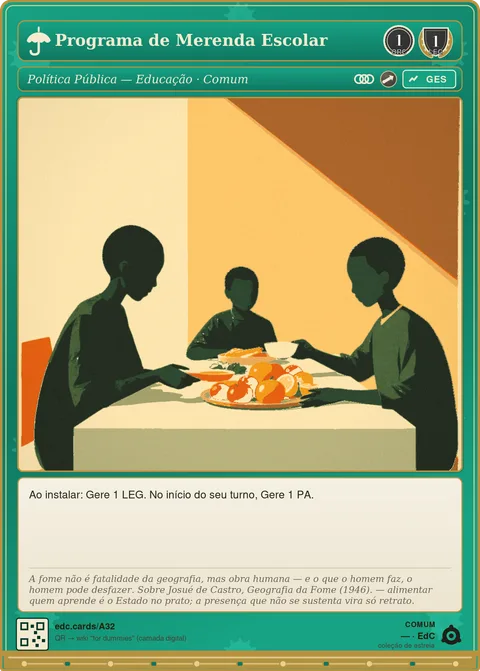 Carta do jogo: refeitório escolar com figuras sem rosto servindo e recebendo alimentação, evocando programa público continuado.