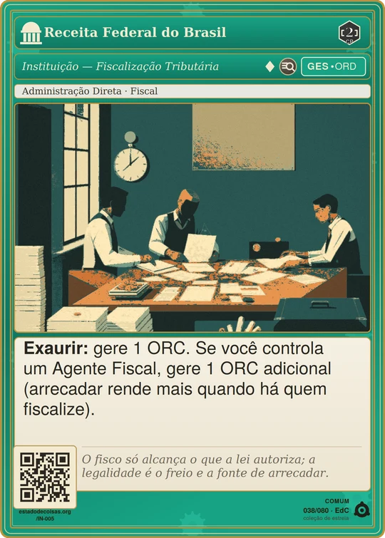 Carta do jogo "Receita Federal do Brasil": moedas caindo de um funil para um cofre, evocando a arrecadação tributária pelo Estado.