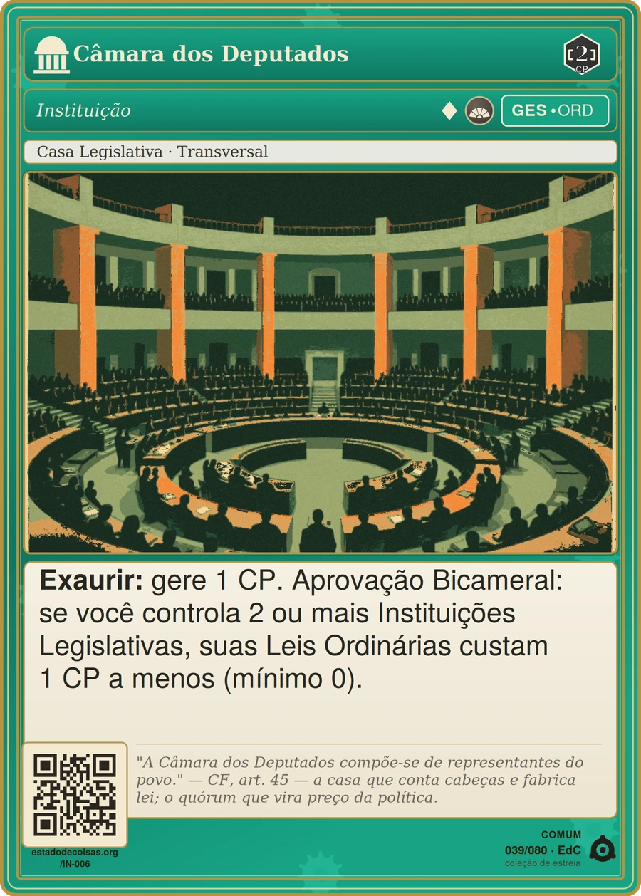 Carta do jogo "Câmara dos Deputados": plenário circular visto de cima, com figuras sem rosto nas bancadas, evocando a casa legislativa como órgão.