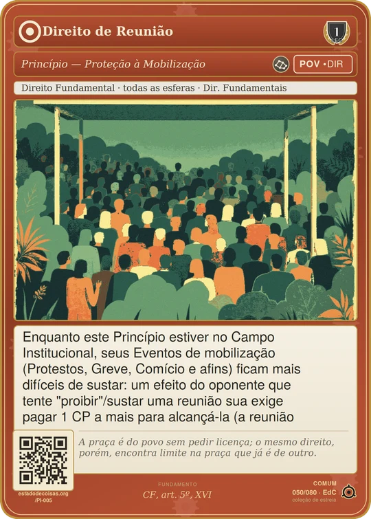 Carta do jogo "Direito de Reunião": assembleia de figuras sem rosto reunida sob uma tenda aberta, evocando a liberdade de reunião.