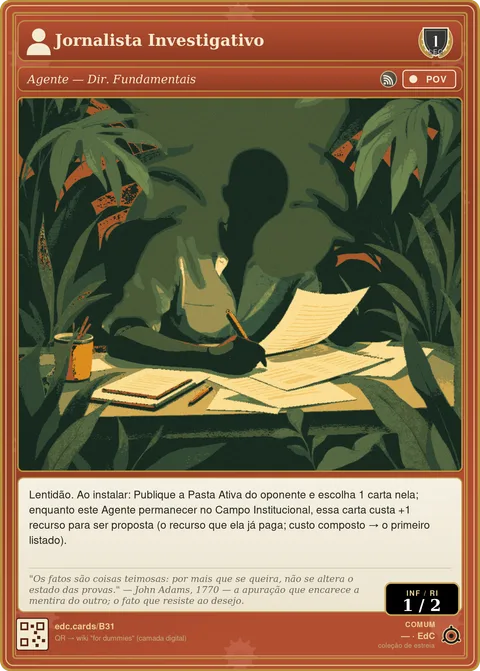 Carta do jogo: figura sem rosto debruçada sobre documentos e arquivos, evocando a função de fiscalização pela imprensa.
