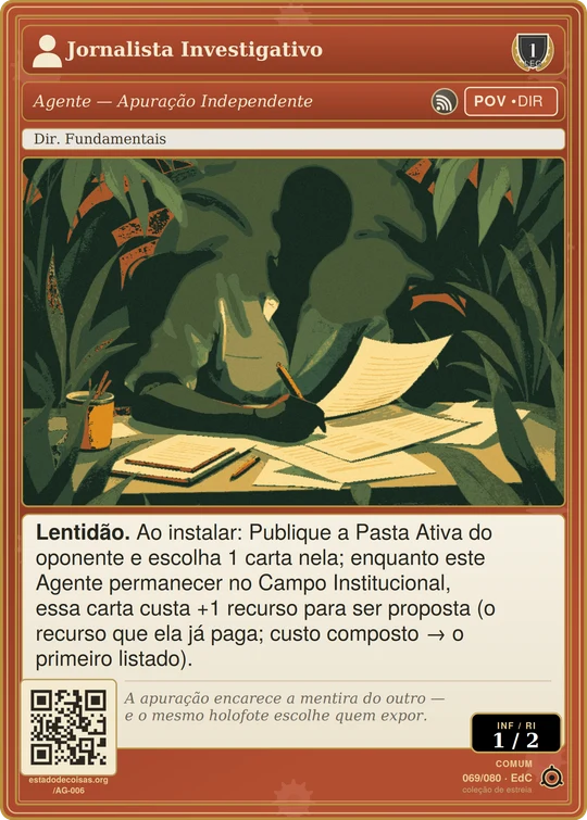 Carta do jogo "Jornalista Investigativo": figura sem rosto debruçada sobre documentos e arquivos, evocando a fiscalização pela imprensa.
