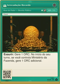 Carta do jogo "Arrecadação Recorde": pilha de moedas douradas diante de um disco solar, evocando a receita pública em alta.