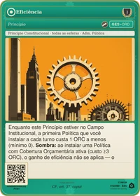 Carta do jogo "Eficiência": engrenagem sobre um horizonte de prédios, evocando o princípio constitucional da eficiência administrativa.
