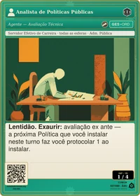 Carta do jogo "Analista de Políticas Públicas": figura sem rosto debruçada sobre uma mesa com gráficos e papéis, evocando a avaliação técnica de políticas.