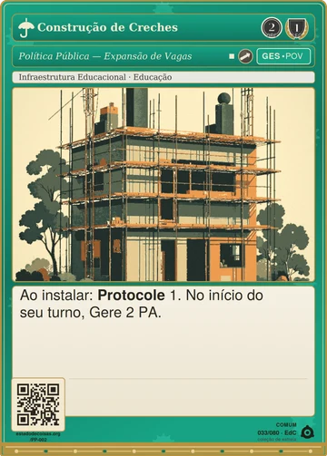 Carta do jogo "Construção de Creches": prédio em obras, com andaimes e árvores ao redor, evocando a expansão de vagas em creches.