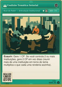 Carta do jogo "Coalizão Temática Setorial": figuras sem rosto reunidas ao redor de uma mesa redonda, skyline urbano ao fundo, evocando a articulação institucional em torno de um tema.