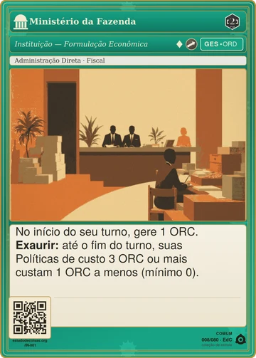 Carta do jogo "Ministério da Fazenda": figuras sem rosto num balcão institucional cercado de pilhas de papéis, evocando a formulação econômica do Estado.