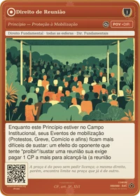 Carta do jogo "Direito de Reunião": assembleia de figuras sem rosto reunida sob uma tenda aberta, evocando a liberdade de reunião.