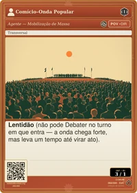 Carta do jogo "Comício-Onda Popular": multidão sem rosto reunida sob bandeiras ao entardecer, evocando um comício de mobilização popular.