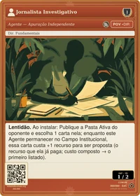 Carta do jogo "Jornalista Investigativo": figura sem rosto debruçada sobre documentos e arquivos, evocando a fiscalização pela imprensa.