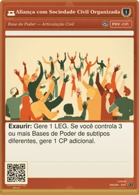 Carta do jogo "Aliança com Sociedade Civil Organizada": multidão colorida de figuras sem rosto com as mãos erguidas, evocando a articulação civil organizada.